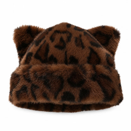 🐻 Fluffy Leopard Print Beanie Hat – Cozy Faux Fur Winter Hat with Cute Bear Ears
