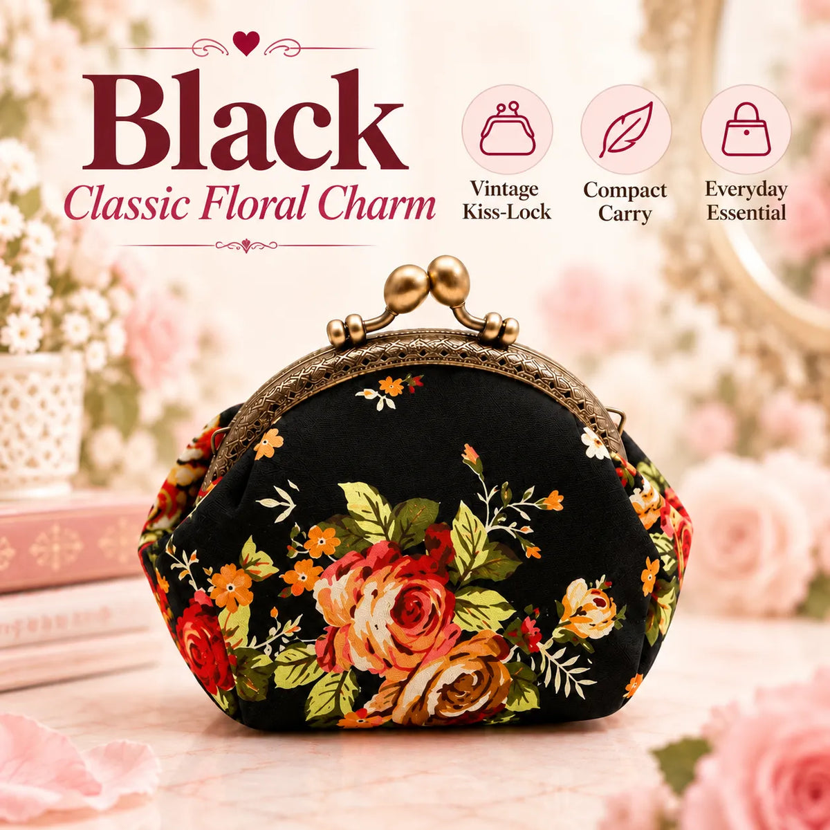 🌸 Vintage Floral Kiss-Lock Coin Purse – Cute Mini Wallet for Women