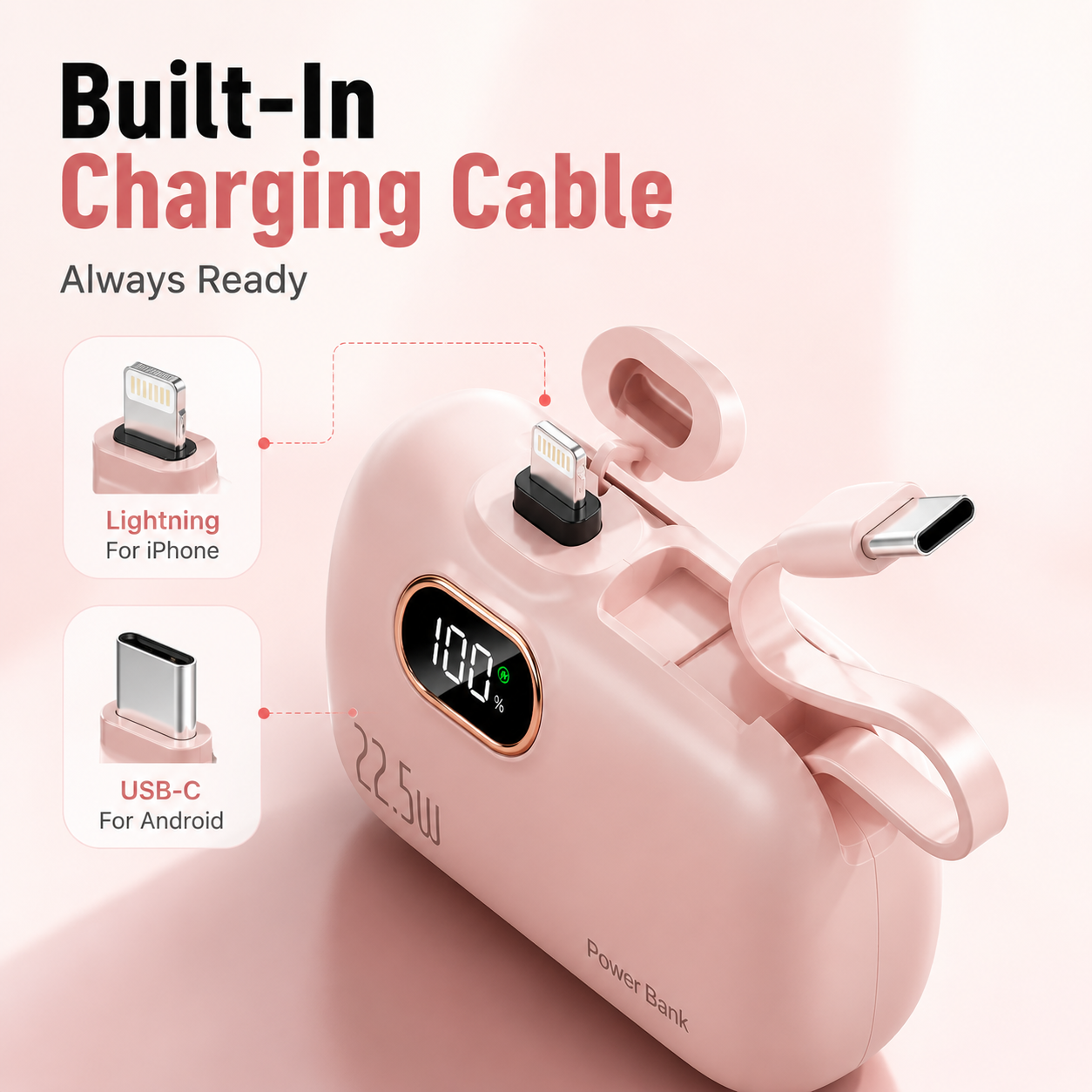 Mini Power Bank with Built-in Cable – 22.5W Fast Charging Portable Charger with Digital Display