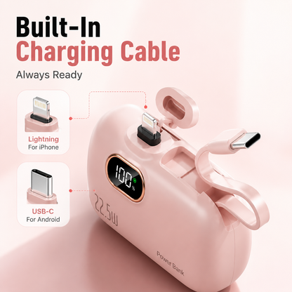 Mini Power Bank with Built-in Cable – 22.5W Fast Charging Portable Charger with Digital Display