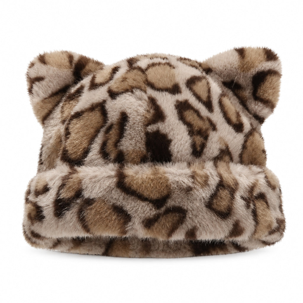 🐻 Fluffy Leopard Print Beanie Hat – Cozy Faux Fur Winter Hat with Cute Bear Ears