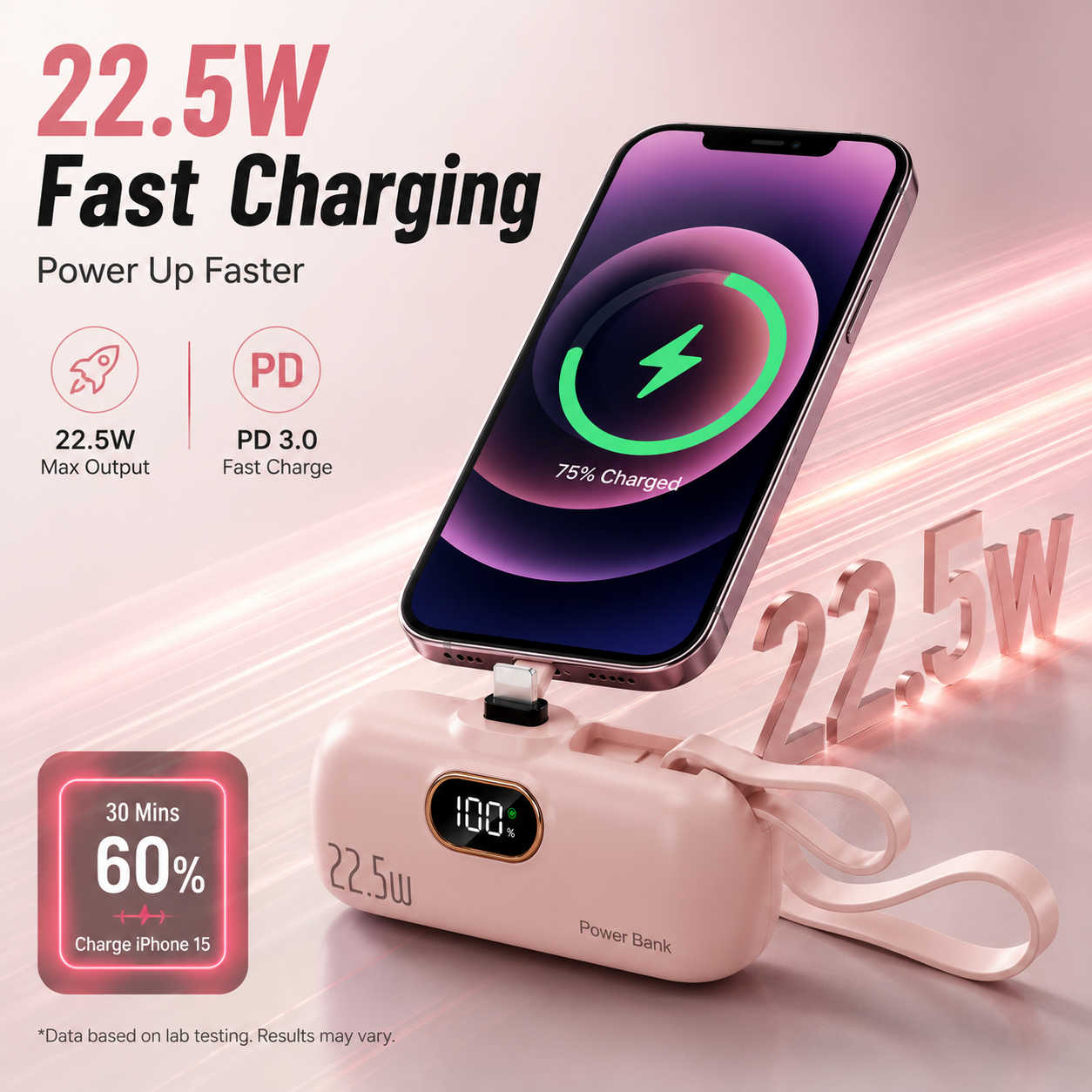 Mini Power Bank with Built-in Cable – 22.5W Fast Charging Portable Charger with Digital Display