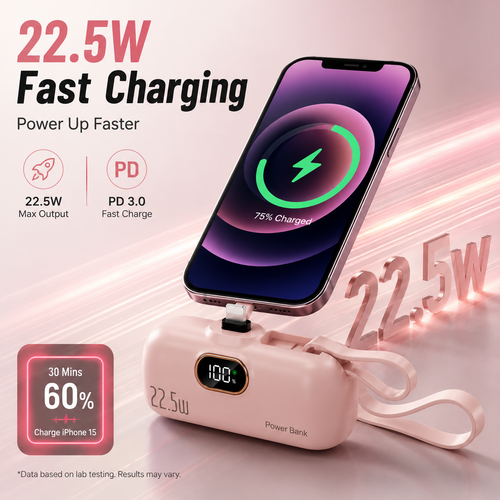 Mini Power Bank with Built-in Cable – 22.5W Fast Charging Portable Charger with Digital Display