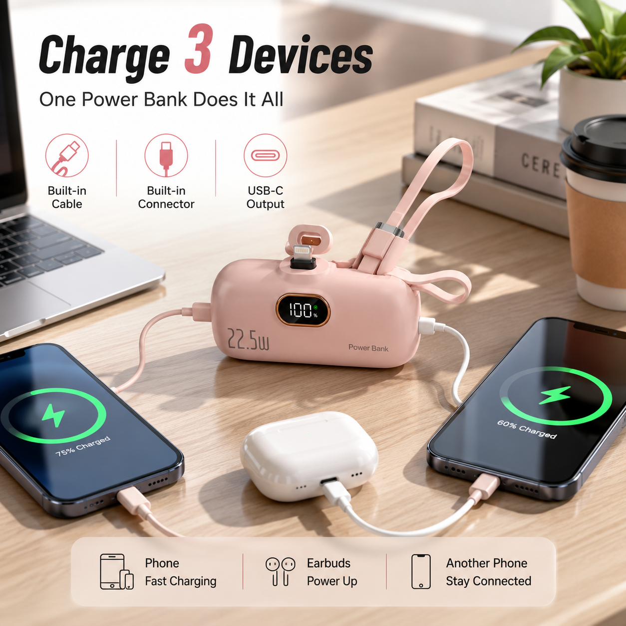 Mini Power Bank with Built-in Cable – 22.5W Fast Charging Portable Charger with Digital Display