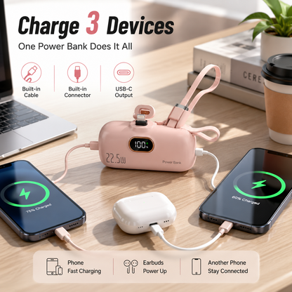 Mini Power Bank with Built-in Cable – 22.5W Fast Charging Portable Charger with Digital Display