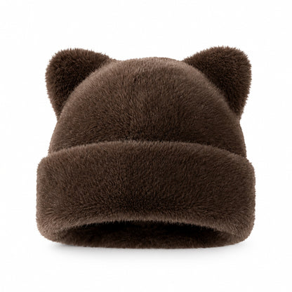 🐻 Fluffy Leopard Print Beanie Hat – Cozy Faux Fur Winter Hat with Cute Bear Ears