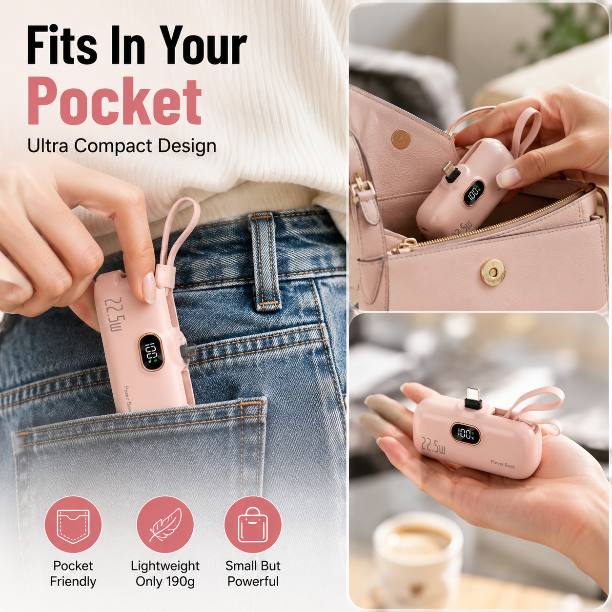 Mini Power Bank with Built-in Cable – 22.5W Fast Charging Portable Charger with Digital Display