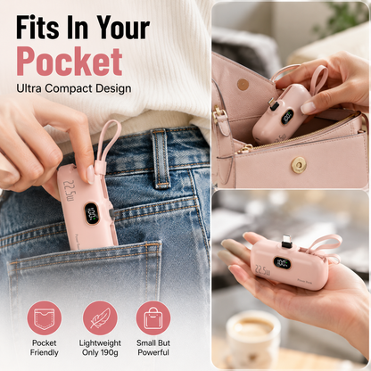 Mini Power Bank with Built-in Cable – 22.5W Fast Charging Portable Charger with Digital Display