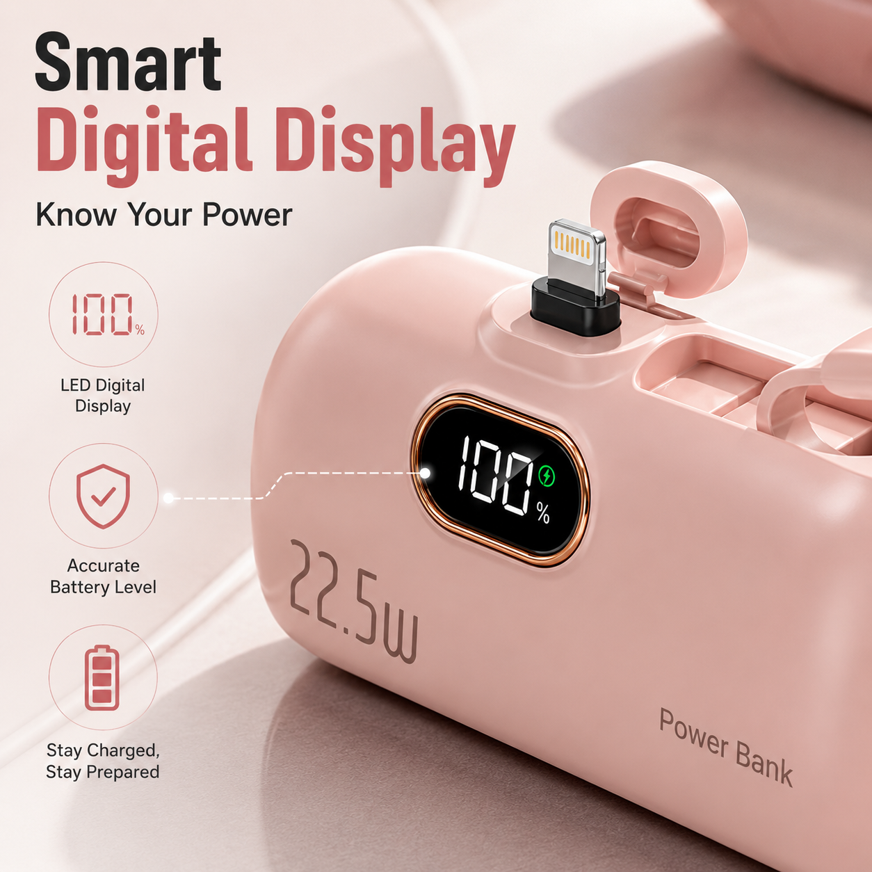 Mini Power Bank with Built-in Cable – 22.5W Fast Charging Portable Charger with Digital Display