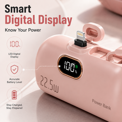 Mini Power Bank with Built-in Cable – 22.5W Fast Charging Portable Charger with Digital Display