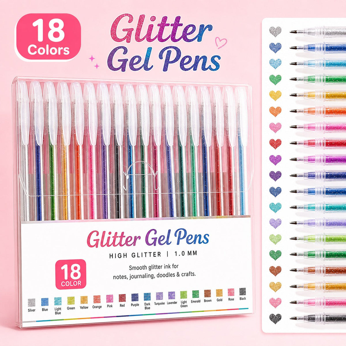 18 Colors Glitter Gel Pen Set with 5 Coloring Cards | Jumbo Ink
