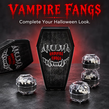 🦇 Your Vampire Look: 4-Size Ivory Fangs Kit & Coffin Box