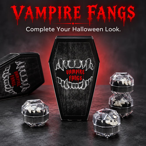 🦇 Your Vampire Look: 4-Size Ivory Fangs Kit & Coffin Box