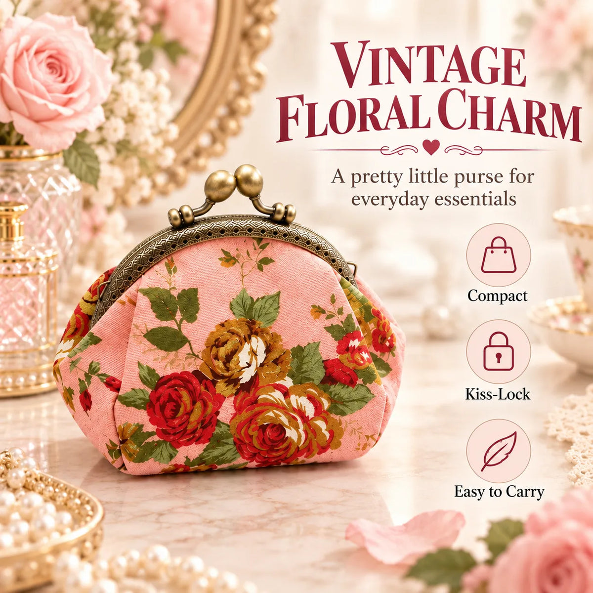 🌸 Vintage Floral Kiss-Lock Coin Purse – Cute Mini Wallet for Women