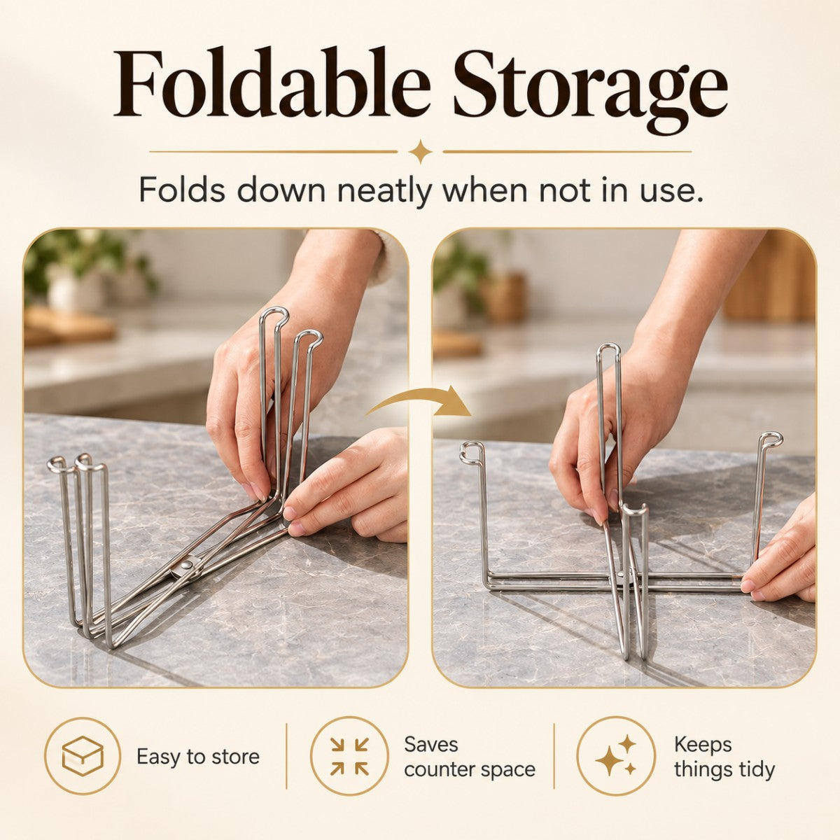 Foldable stainless steel trash bag holder folding down for storage