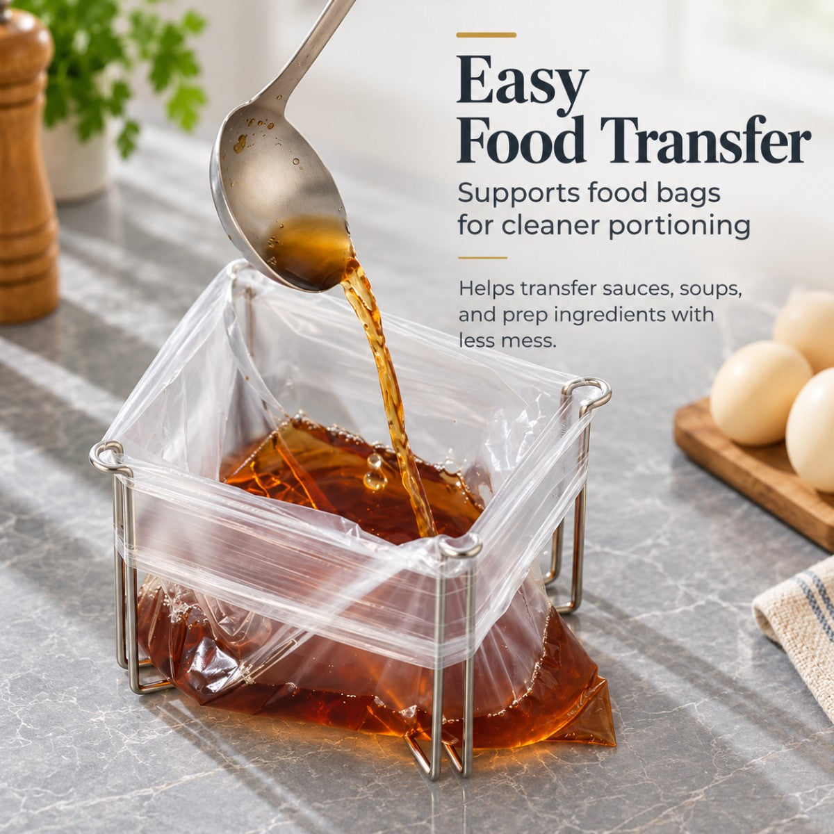 Foldable holder supporting a food storage bag while liquid is poured