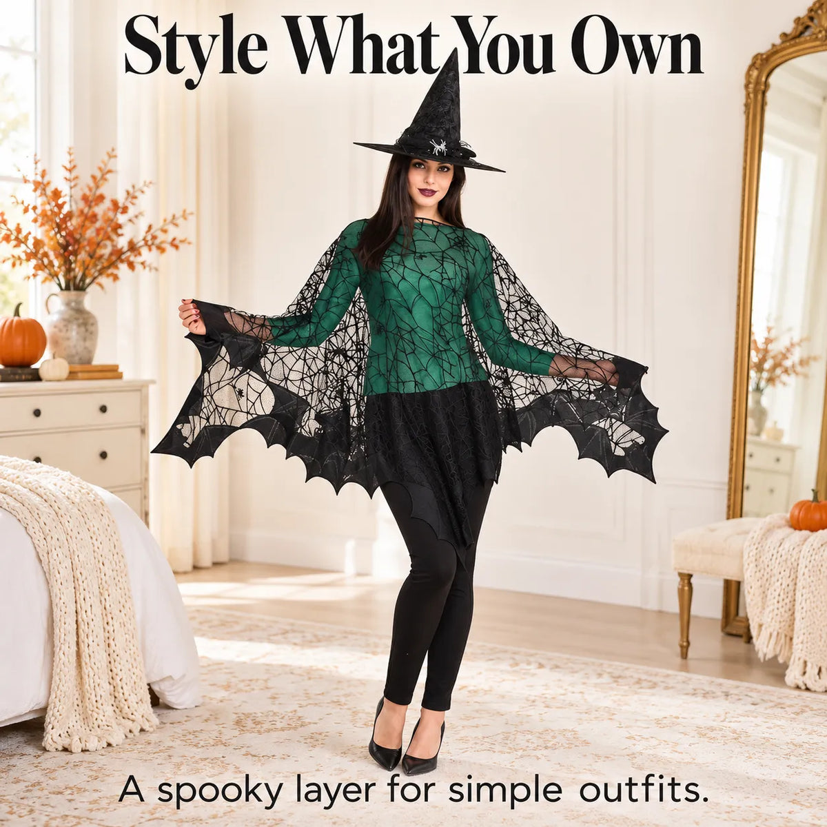 🕸️ Halloween Spiderweb Lace Poncho – Black Sheer Costume Cape with Batwing Hem 🎃