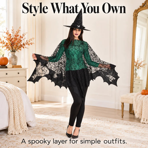 🕸️ Halloween Spiderweb Lace Poncho – Black Sheer Costume Cape with Batwing Hem 🎃