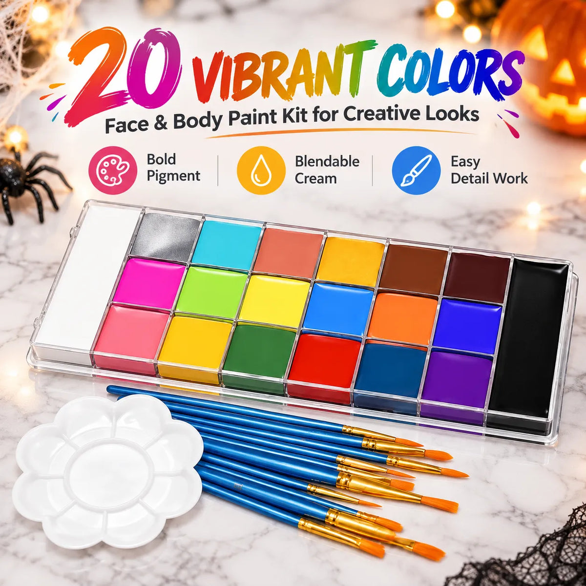 🎃 20-Color Halloween Face & Body Paint Palette – Bold Cosplay Makeup Kit