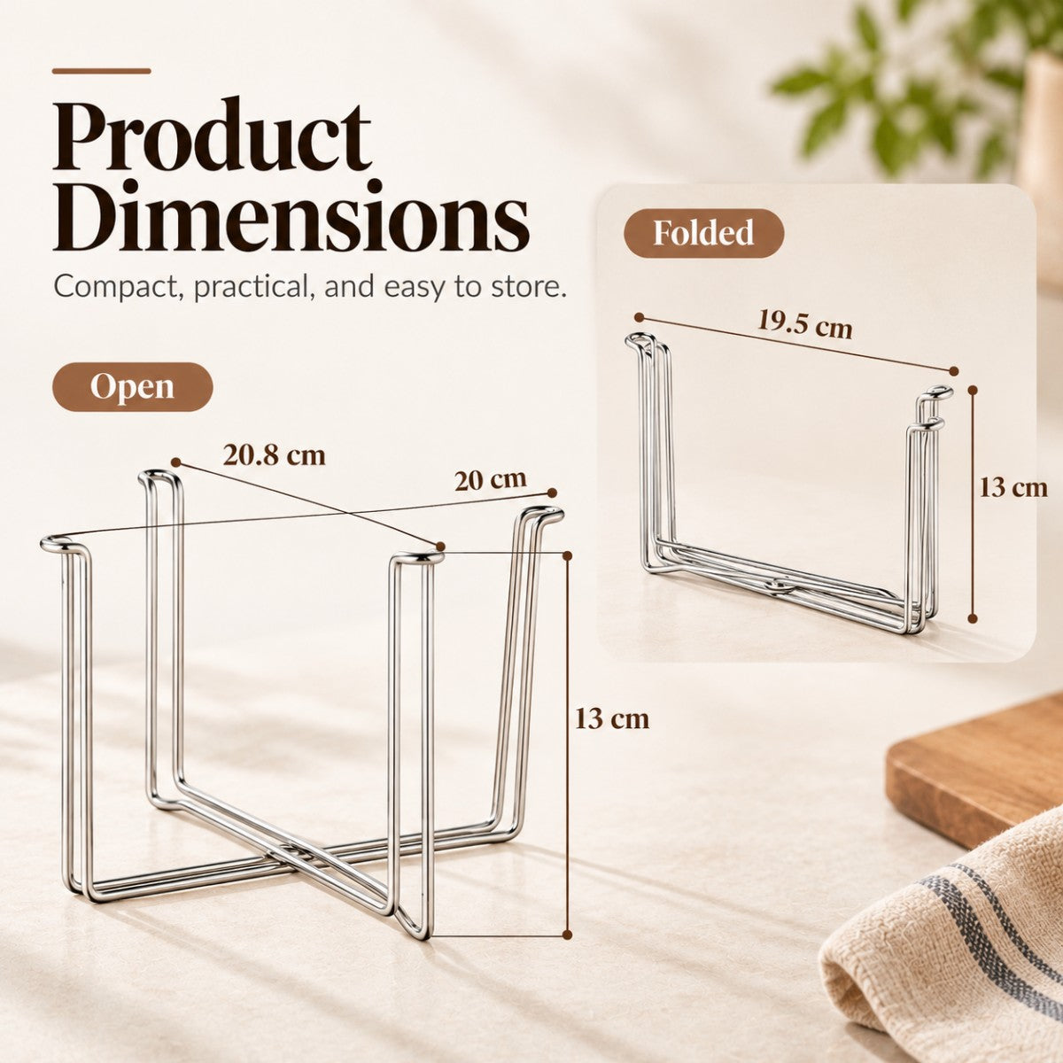 Foldable stainless steel trash bag holder product dimensions