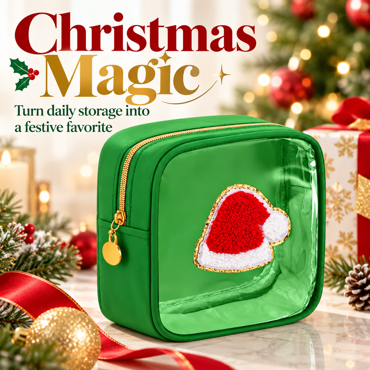 🎄 Christmas Tree-Shaped Transparent Cosmetic Bag — Festive Travel Organizer
