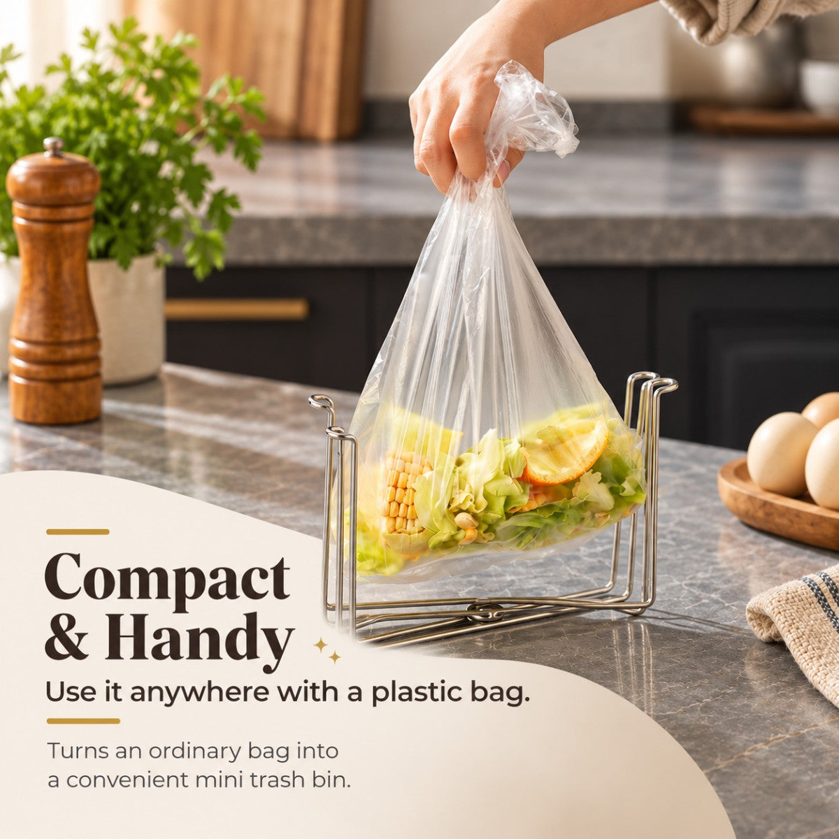Compact trash bag holder used with a plastic grocery bag