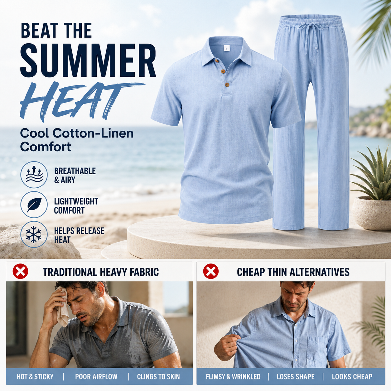 Men's Breathable Cotton Linen Resort Polo & Pants 2-Piece Set