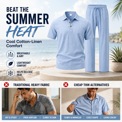 Men's Breathable Cotton Linen Resort Polo & Pants 2-Piece Set