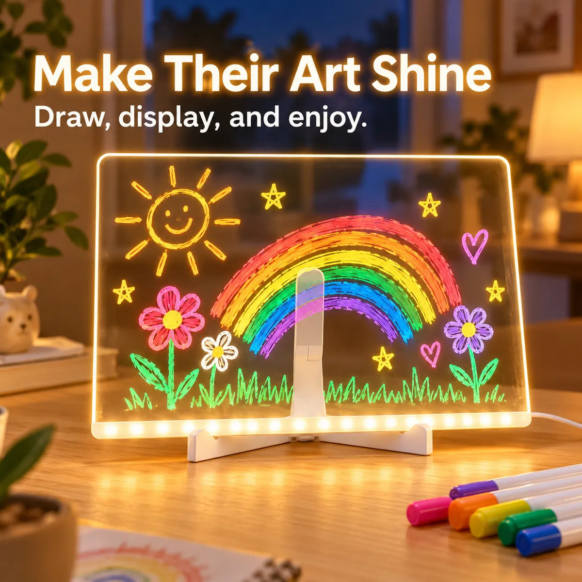 🎨 LED Light-Up Drawing Board for Kids – Reusable Clear Doodle Board with Colorful Markers & Adjustable Stand ✨