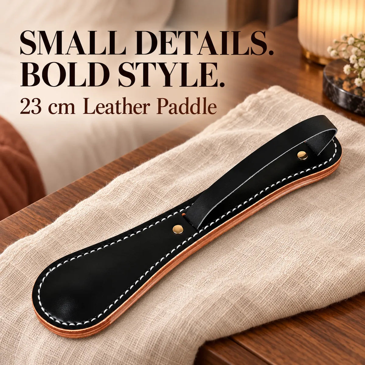 Leather Paddle with Hand Strap – 9.06″ Compact Design, Contrast Stitching✨