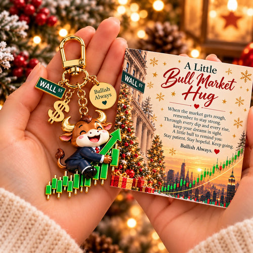 🐂📈  A Little Bull Market Hug – Inspirational Bull Keychain & Message Card Gift Set for Traders and Investors