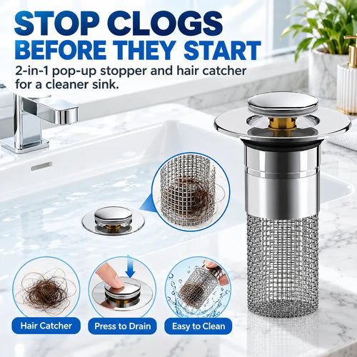 🚰 2-in-1 Pop-Up Sink Drain Stopper with Hair Catcher | Easy-Clean Bathroom Drain Filter
