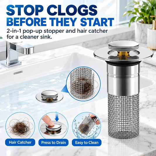 🚰 2-in-1 Pop-Up Sink Drain Stopper with Hair Catcher | Easy-Clean Bathroom Drain Filter