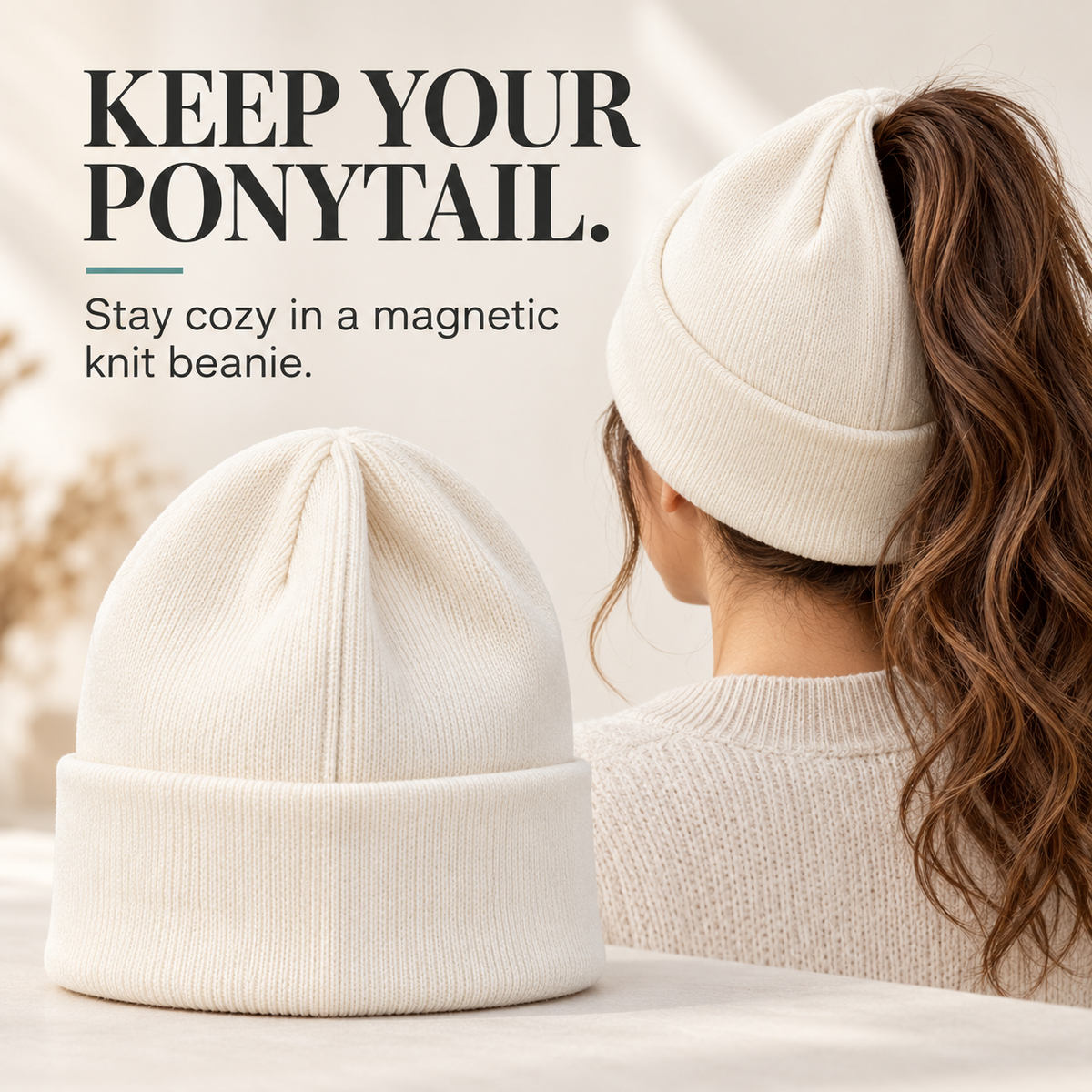 🧶 Magnetic Ponytail Beanie – Cozy Knit Hat with Ear-Covering Cuff