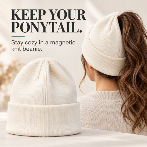 🧶 Magnetic Ponytail Beanie – Cozy Knit Hat with Ear-Covering Cuff
