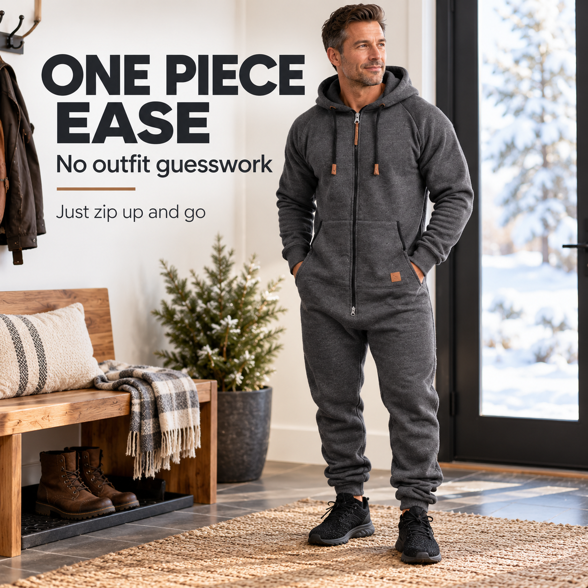 🧥 Men’s Hooded Fleece Jumpsuit – Cozy All-in-One Comfort