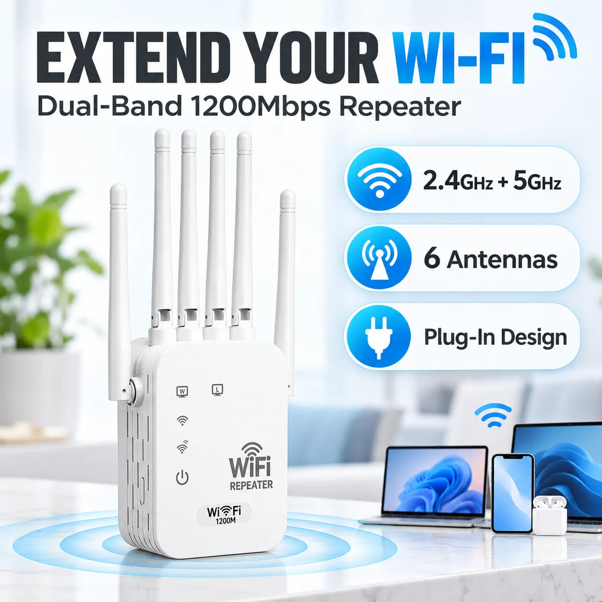 📶 1200Mbps WiFi Range Extender – 6-Antenna Signal Booster for Home 🏠