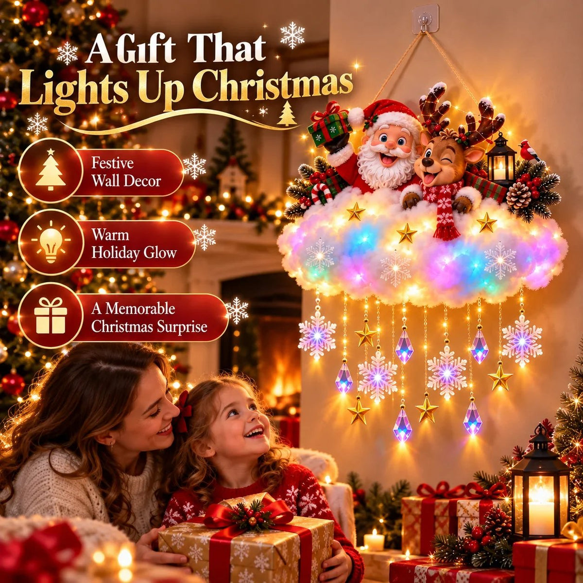 🎄 Light-Up Christmas Cloud Hanging Decor – Santa & Winter Village Holiday Display