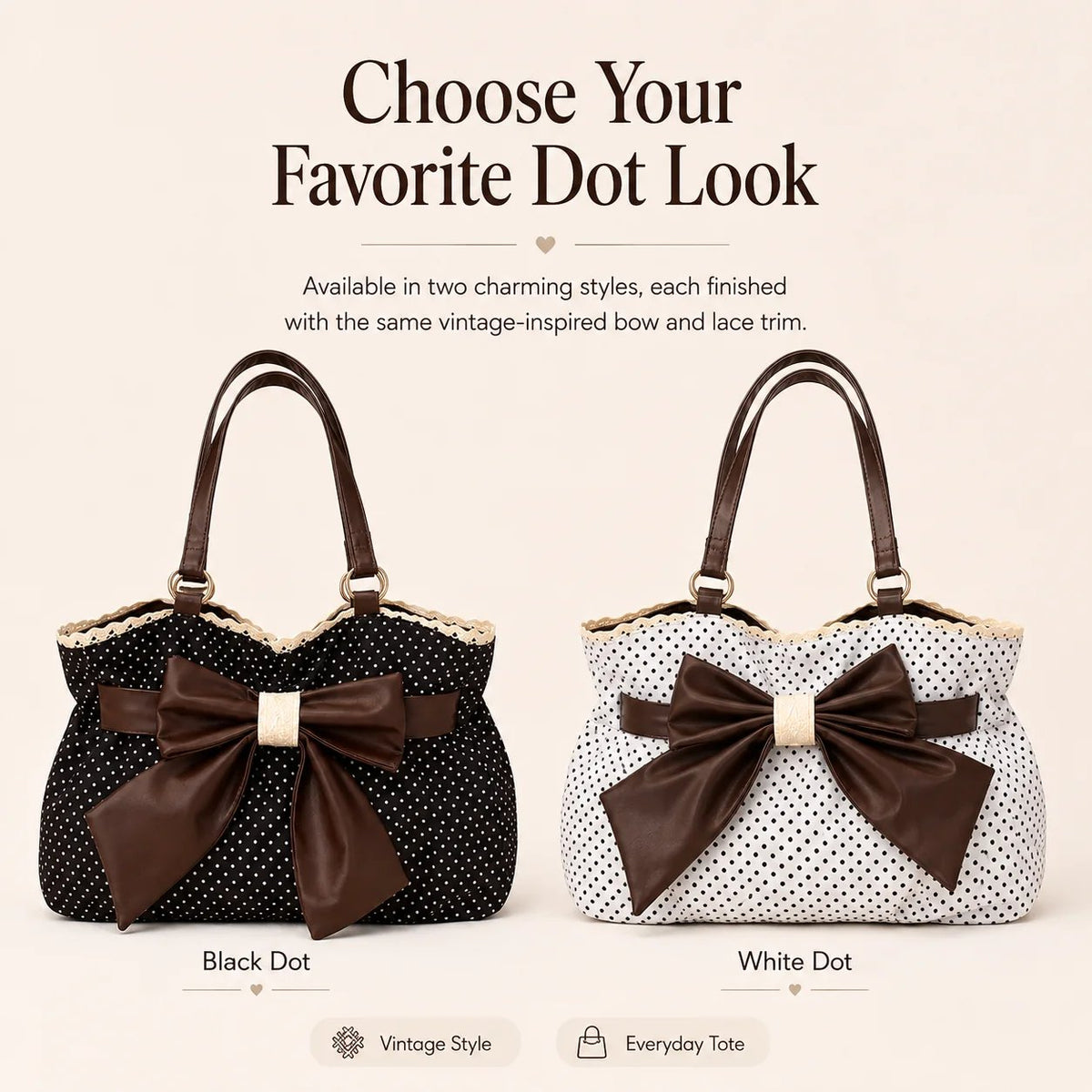 👜 Vintage Polka Dot Canvas Tote Bag for Women, Oversized Bow Shoulder Bag with Lace Trim