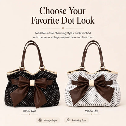 👜 Vintage Polka Dot Canvas Tote Bag for Women, Oversized Bow Shoulder Bag with Lace Trim