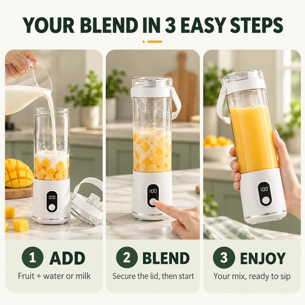 Portable Blender Cup with Carry Handle for Smoothies and Shakes