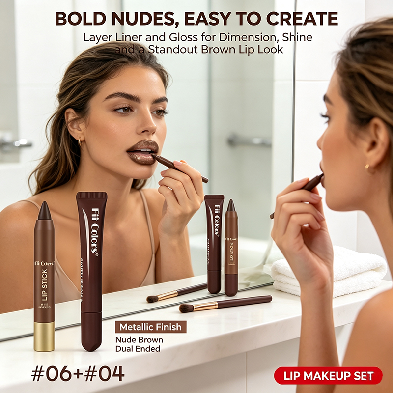 Layered matte lip liner and gloss for a bold nude lip look