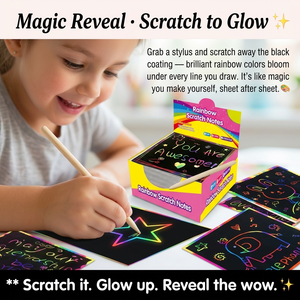 🌈👶🏻Rainbow Scratch Art Paper – 100 Sheets DIY Magic Reveal Kit✨