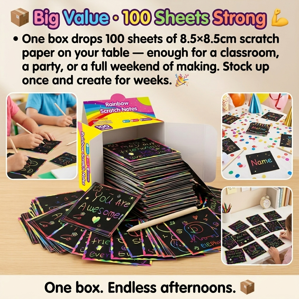 🌈👶🏻Rainbow Scratch Art Paper – 100 Sheets DIY Magic Reveal Kit✨