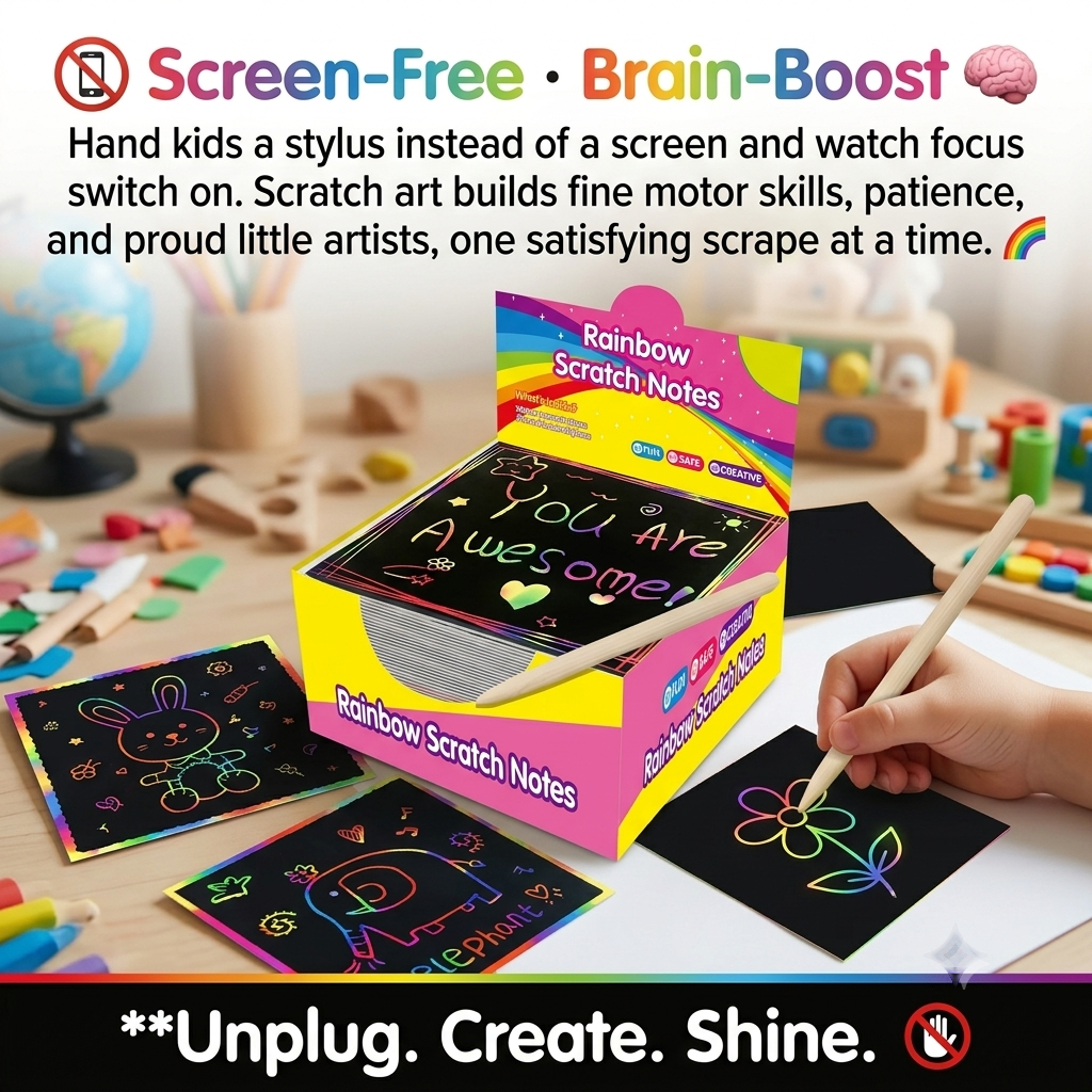 🌈👶🏻Rainbow Scratch Art Paper – 100 Sheets DIY Magic Reveal Kit✨