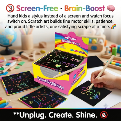 🌈👶🏻Rainbow Scratch Art Paper – 100 Sheets DIY Magic Reveal Kit✨