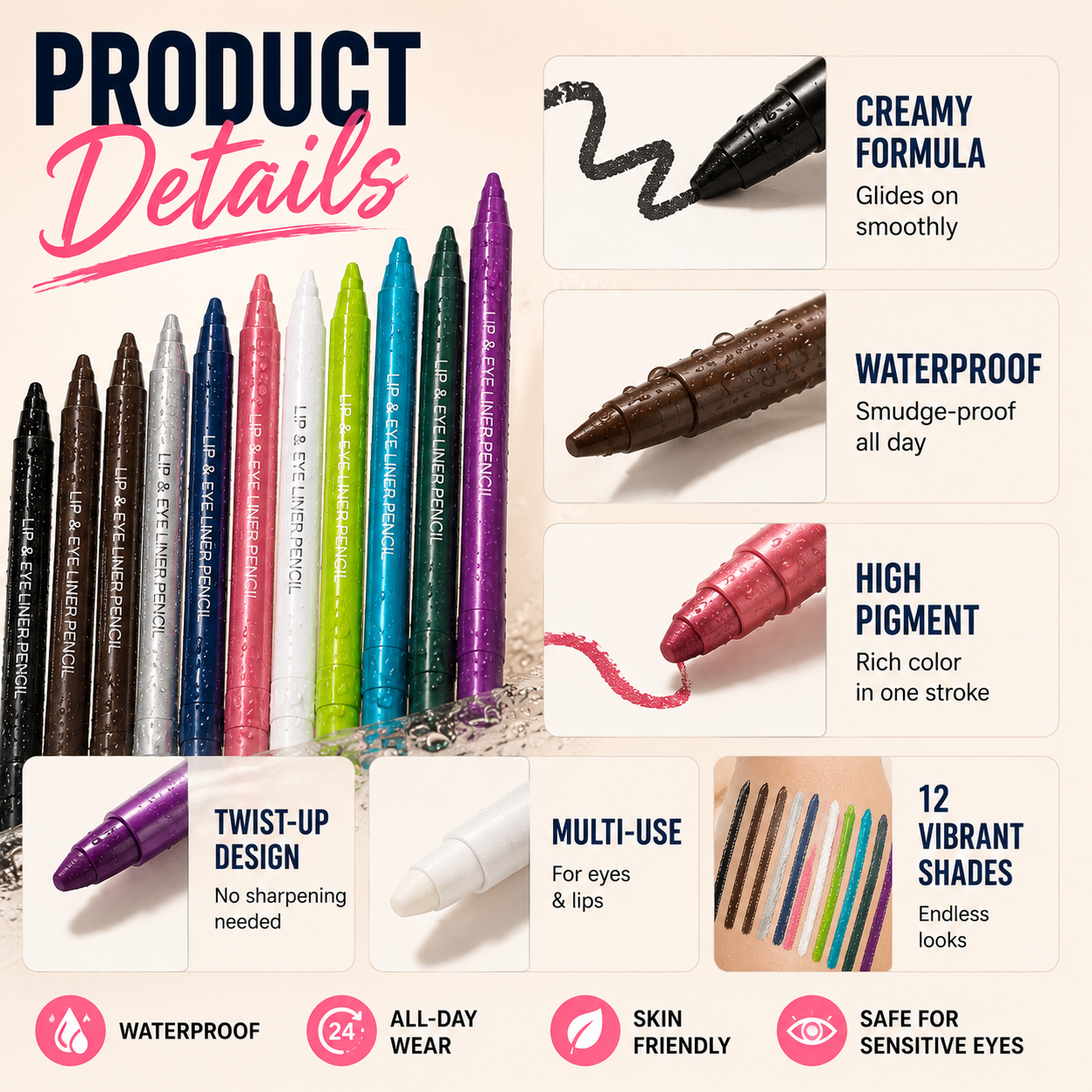 All-Day Flawless: 12-Color Waterproof Gel Eyeliner Pencil Set