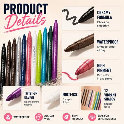 All-Day Flawless: 12-Color Waterproof Gel Eyeliner Pencil Set