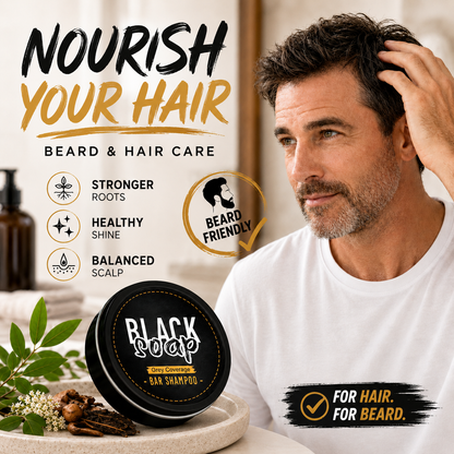 ✨ Black Soap Hair & Beard Grey Coverage Shampoo Bar