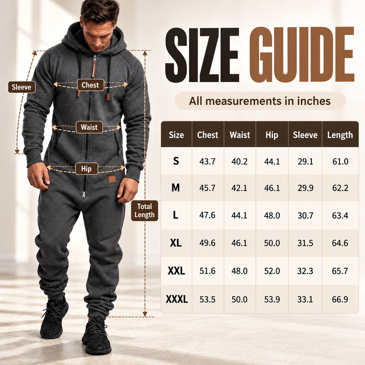 🧥 Men’s Hooded Fleece Jumpsuit – Cozy All-in-One Comfort